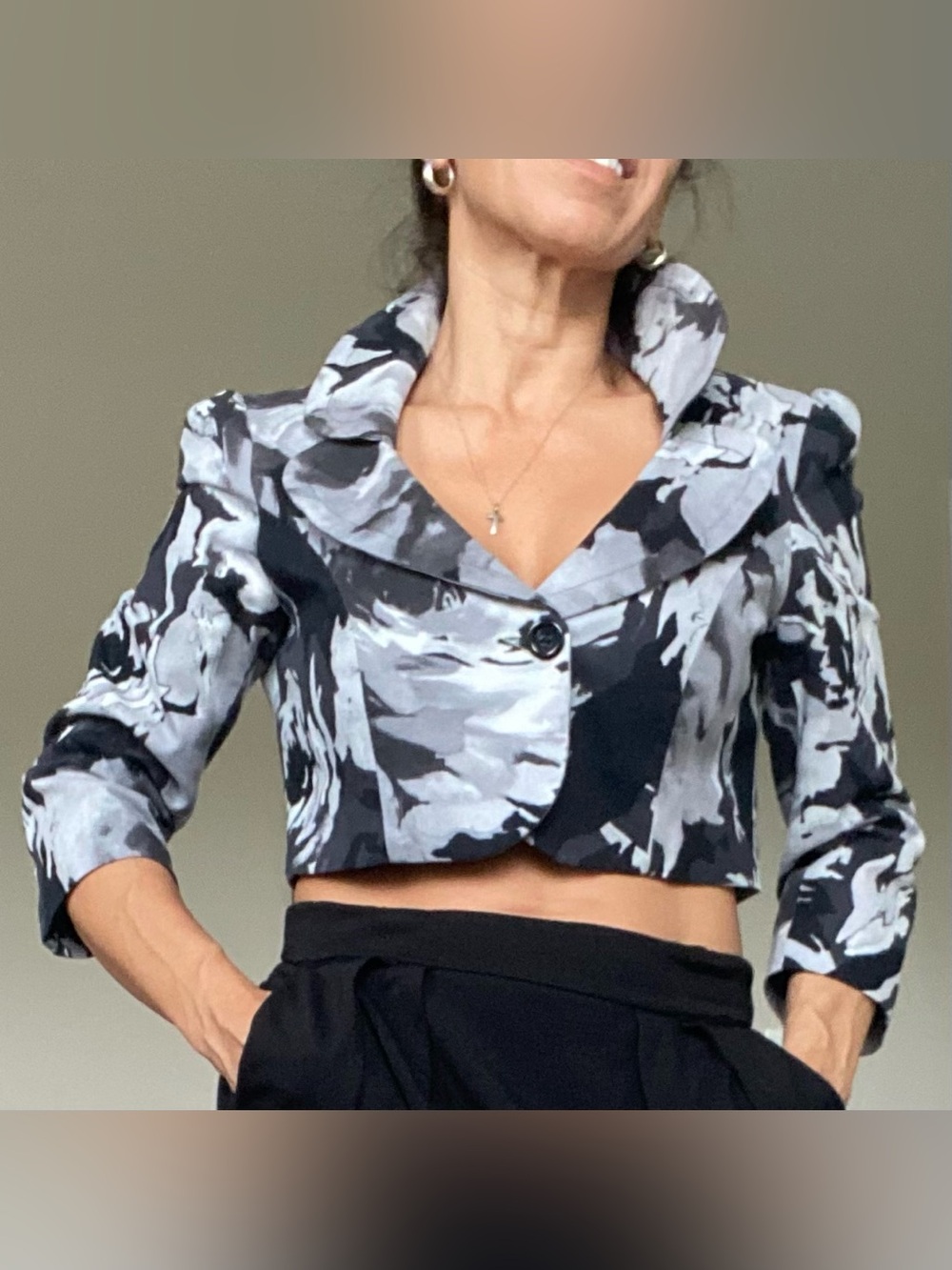 Rinascimento Black & Gray Abstract Cropped Blazer